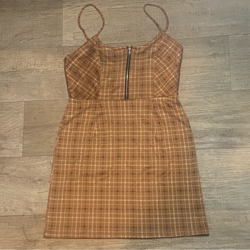 NWT Zipper Front Spaghetti Strap Brown Plaid Mini Dress 90s TikTok Trendy Y2K